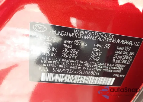 2020 Hyundai Santa Fe Se из США, поврежденный, VIN 5NMS23AD3LH168015